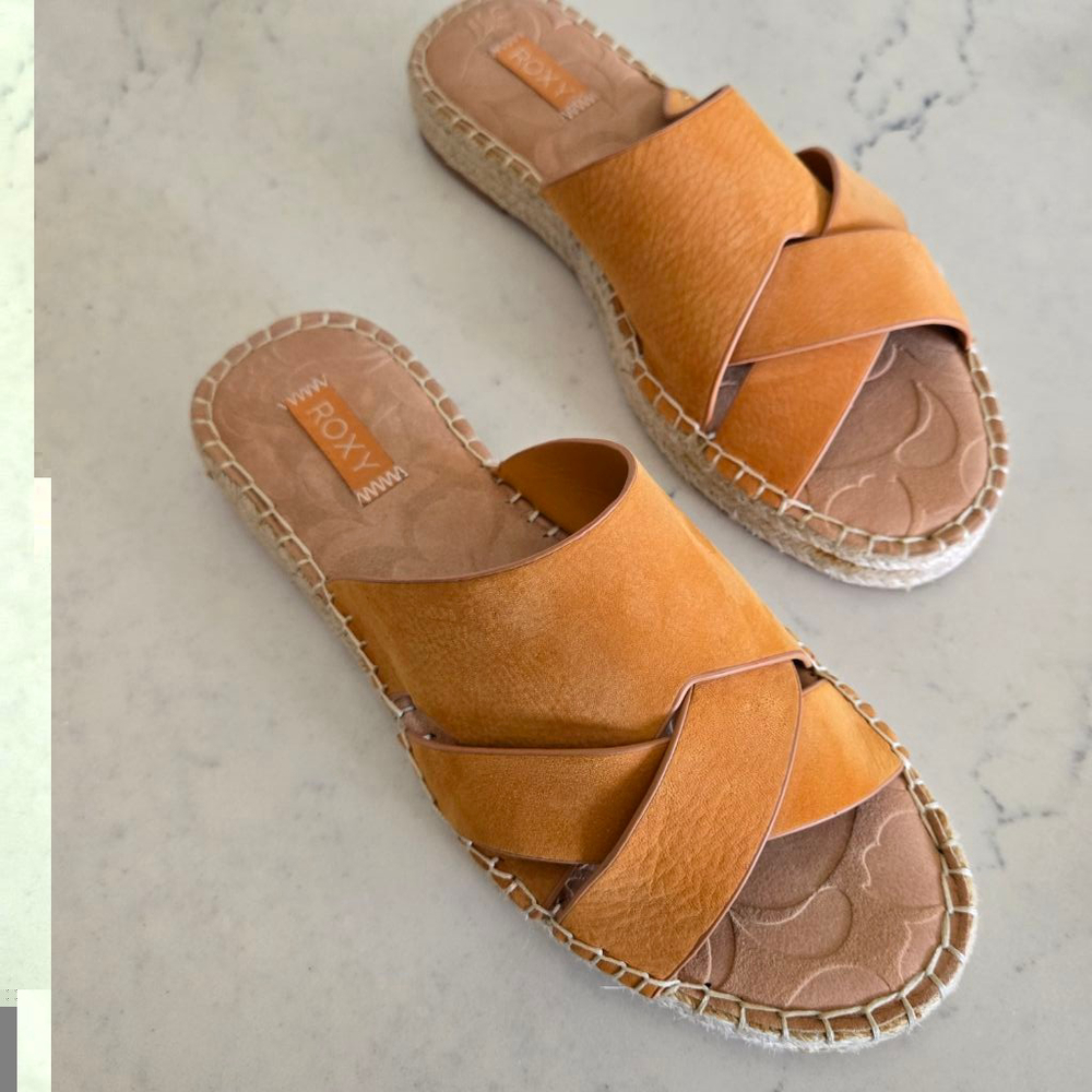 Roxy Women's Cognac Crossover Leather Slide Sandals - Picture 2 of 12